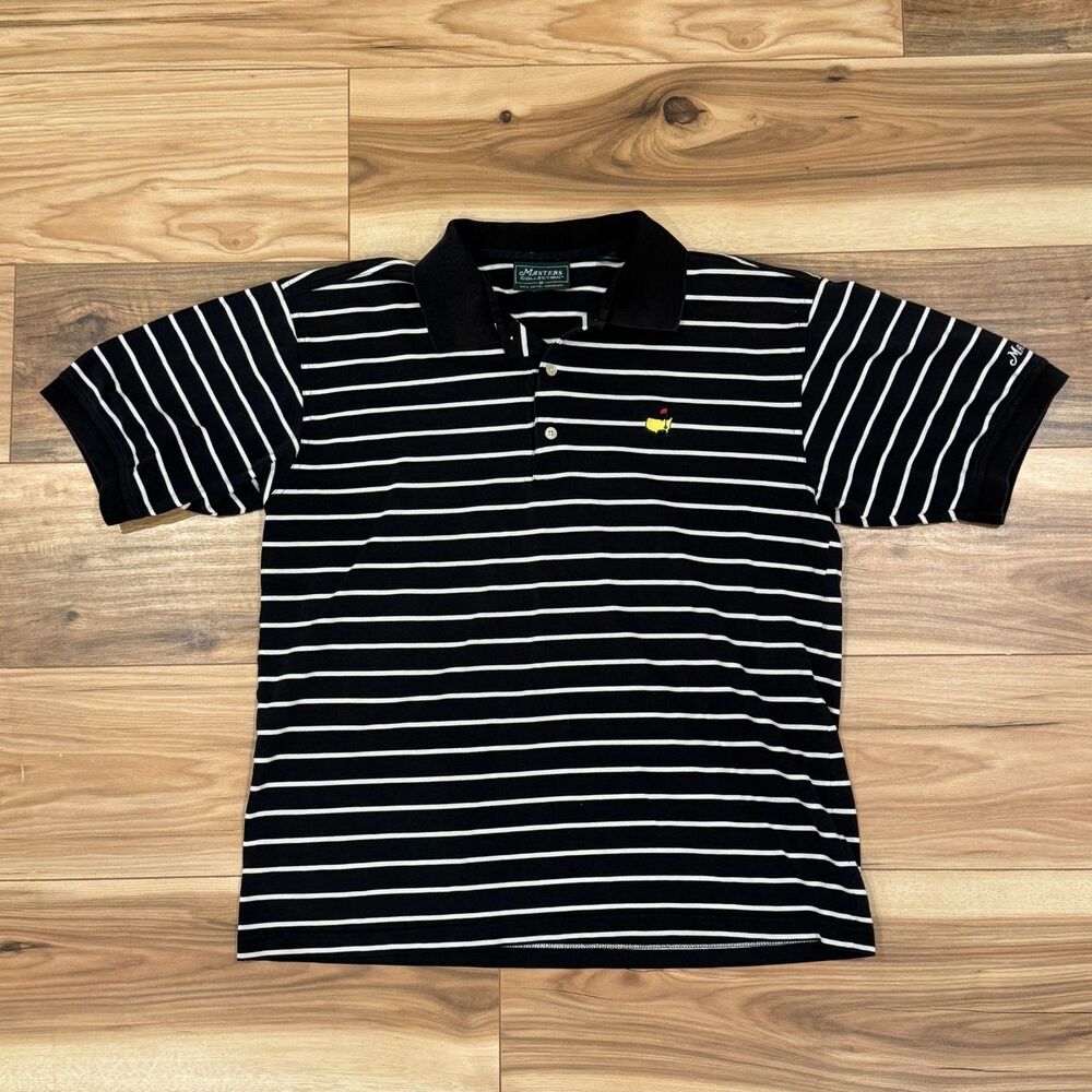 Masters Collection Men’s Medium Black White Striped Golf Polo Augusta Logo